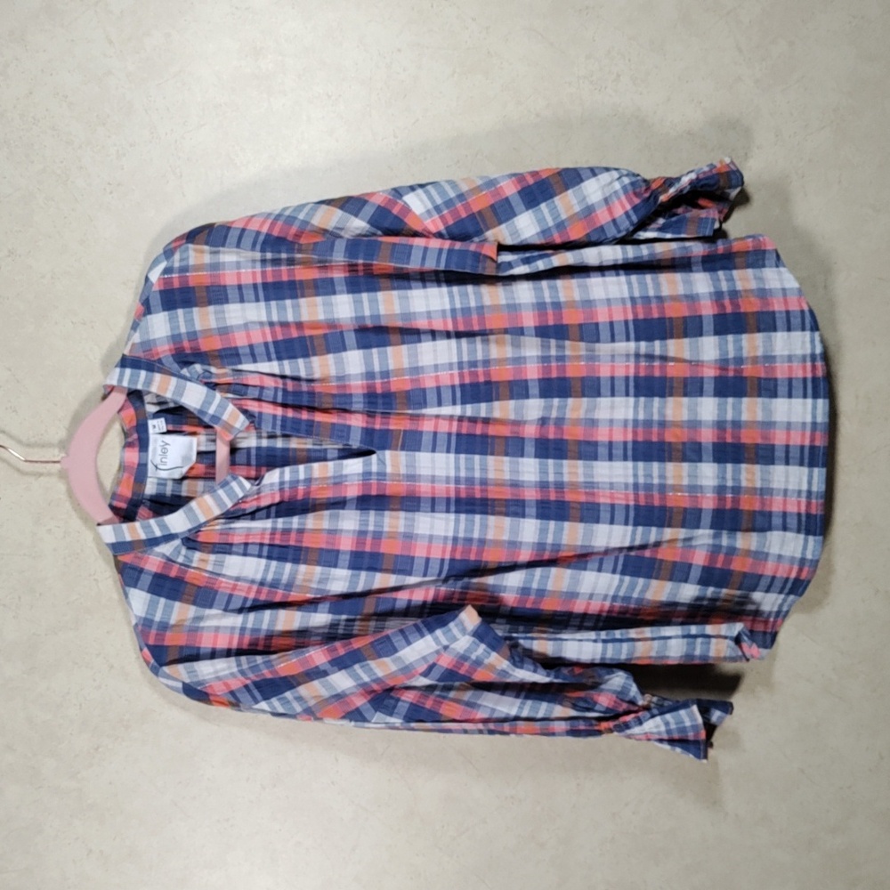 2/$10 04158 Finley blue and peach 3/4 sleeve plaid blouse M